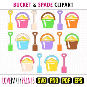 Può includere: Un set di 10 immagini clipart di secchiello e paletta da spiaggia colorati. I secchielli sono di vari colori, tra cui rosa, verde, blu, viola, giallo e marrone. Le palette sono di colori abbinati. Il clipart è perfetto per l'artigianato, lo scrapbooking e altri progetti creativi.