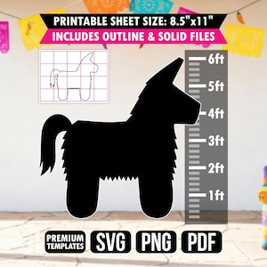 Puede incluir: Una silueta negra de una piñata de burro con una escala de altura marcada de 1ft a 6ft. El gráfico incluye un boceto de contorno con cuadrícula, texto que dice PRINTABLE SHEET SIZE: 8.5"x11" INCLUDES OUTLINE & SOLID FILES y etiquetas SVG, PNG, PDF.