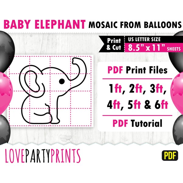 Mosaïque de bébé éléphant à partir de ballons modèle PDF, 1ft, 2ft, 3ft, 4ft, 5ft, 6ft, Baby Shower Mosaic, 8.5"x11" PDF imprimable, téléchargement immédiat