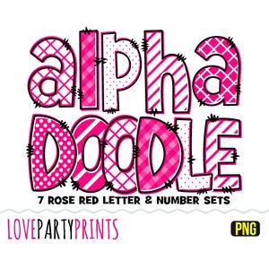 Könnte beinhalten: Alpha Doodle in Rosa und Weiß mit Patchwork-Design. 7 Sätze mit Buchstaben und Zahlen in Rosarot. LOVEPARTYPRINTS. PNG