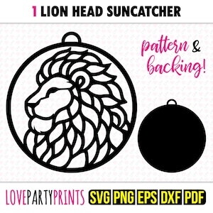 ライオン サンキャッチャー SVG、DXF、PNG、Pdf、Eps、ライオンの頭飾りサンキャッチャー、レーザーカッターシルエットベクタークリップアート、サファリカッティングファイル、1393