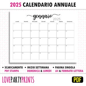 Calendario 2025 Stampbile Annuale Italian PDF nel formato A4 e Letter Size e domenica Inizio settimana Home Download digitale minimalista