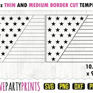 K&ouml;nnte beinhalten: Eine schwarz-wei&szlig;e Vorlage f&uuml;r das Design der amerikanischen Flagge mit Sternen und Streifen, geeignet zum Schneiden. Die Vorlage ist 26,04 cm x 24,13 cm gro&szlig; und enth&auml;lt den Text "30oz THIN AND MEDIUM BORDER CUT TEMPLATE" und "LOVEPARTYPRINTS".