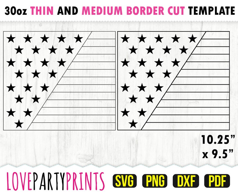 K&ouml;nnte beinhalten: Eine schwarz-wei&szlig;e Vorlage f&uuml;r das Design der amerikanischen Flagge mit Sternen und Streifen, geeignet zum Schneiden. Die Vorlage ist 26,04 cm x 24,13 cm gro&szlig; und enth&auml;lt den Text "30oz THIN AND MEDIUM BORDER CUT TEMPLATE" und "LOVEPARTYPRINTS".