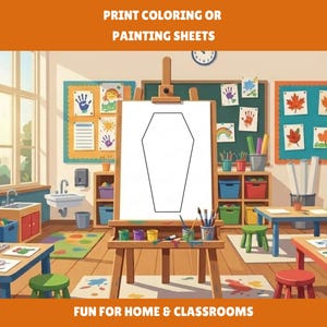 May include: A printable coloring sheet featuring a simple black outline of a coffin shape centered on a white page, displayed on a wooden easel within a classroom setting that includes tables, chairs, storage cubbies, and wall decorations.