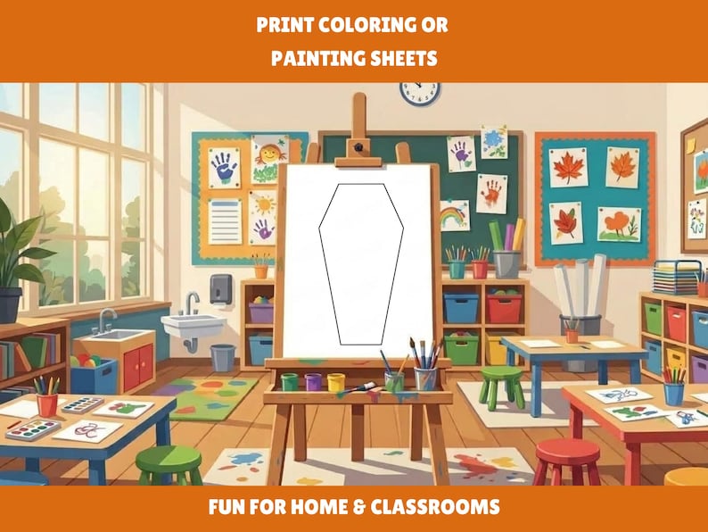 May include: A printable coloring sheet featuring a simple black outline of a coffin shape centered on a white page, displayed on a wooden easel within a classroom setting that includes tables, chairs, storage cubbies, and wall decorations.