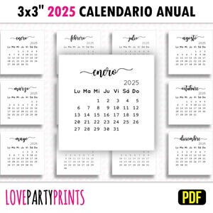 3x3 Calendario Mini 2025 Anual Español PDF Imprimir A4 y Tamaño Carta Lunes y Domingo Semana Inicio Imprimible Minimalista Descarga Digital