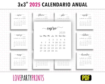 3x3 Calendario Mini 2025 Anual Spanish PDF Imprimir A4 y Letter Size Lunes y Domingo Semana Inicio Imprimible Minimalista Descarga Digital