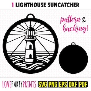 May include: Black and white silhouette of a lighthouse with waves, sun rays, and the text "pattern & backing!"  This is a digital download for a lighthouse suncatcher.