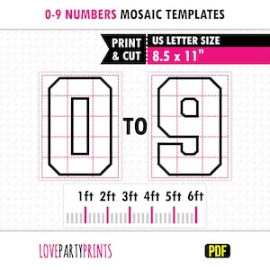 6ft, 5ft, 4ft, 3ft, 2ft, 1ft, 0-9 All Numbers Mosaic Balloons Templates, Square Numbers, 8.5"x11" Printable PDF, Instant Download, PDF, BT11