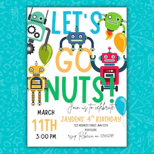Robot Birthday Invitation Template | Let’s Go Nuts Kids Party | Editable Canva | Pritnable | Invite Digital Download | Mobile & 5x7