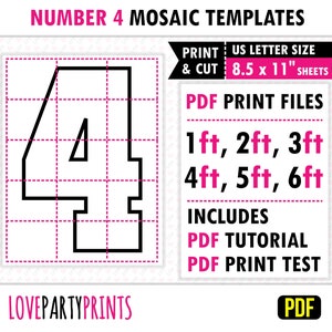 Square Number 4, Mosaic From Balloons, 1ft, 2ft, 3ft, 4ft, 5ft, 6ft, Party Mosaic, 8.5&quot;x11&quot; Printable PDF, Instant Download, PDF, BT4