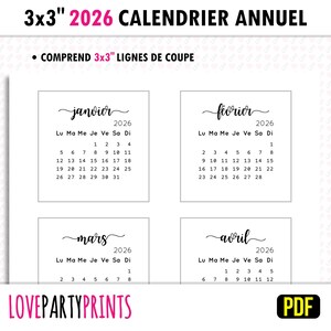 May include: A printable 2026 calendar in French. The calendar is divided into four 7.62cm x 7.62cm squares, each with a month of the year. The months are January, February, March, and April. The calendar is designed to be cut out and used as individual monthly calendars.