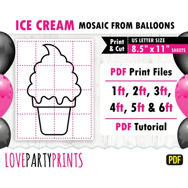 Ice Cream from Balloons Template PDF, 1ft, 2ft, 3ft, 4ft, 5ft, 6ft, Birthday Mosaic, 8.5"x11" Printable PDF, Instant Download, BT64