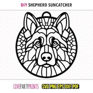 Atrapasol de pastor SVG, DXF, PNG, PDF, EPS, Adorno de ventana de perro atrapasol, Silueta vectorial cortada a láser, Archivo de corte