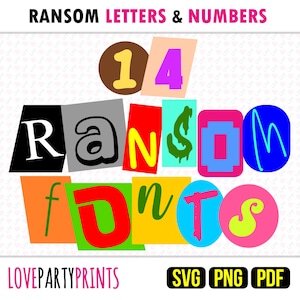 Pode incluir: 14 fontes Ransom em uma variedade de cores e estilos. As letras são recortadas de papel de diferentes cores e dispostas em um padrão aleatório. O texto "LOVEPARTYPRINTS" e "SVG PNG PDF" está na parte inferior da imagem.