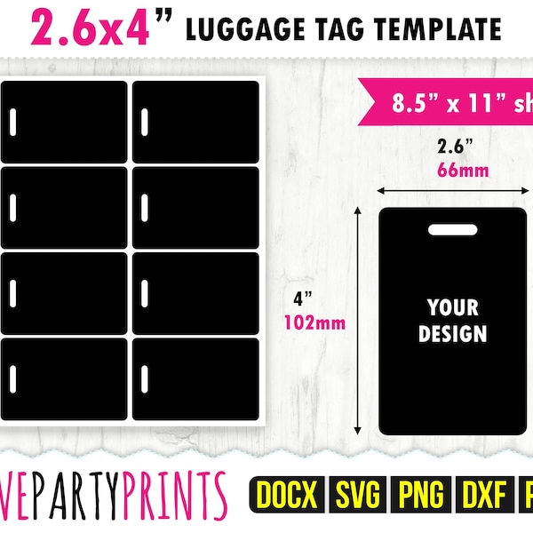 Luggage Tag Template Svg, Pdf, Png, Dxf, Blank Luggage Tag Template, Travel Tag Sublimation, 8.5"x11", Ms Word Docx, CA136