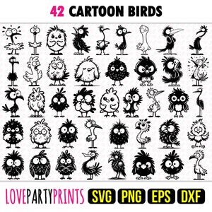 Dessin animé oiseaux SVG Bundle, PNG, EPS, Dxf, modèle Silhouette drôle d'oiseau, fichiers découpés à la Machine et au laser, 42 modèles de téléchargement numérique, 1300