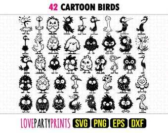 Cartoon vogels SVG bundel, PNG, EPS, Dxf, grappige vogel silhouet sjabloon, machine en laser gesneden bestanden, 42 digitale downloadsjablonen, 1300