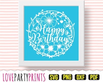 Feliz aniversário, modelo de recorte em PDF e PNG, clip art com arquivos de corte Svg e DXF, corte à mão ou máquinas de corte, (PC10)
