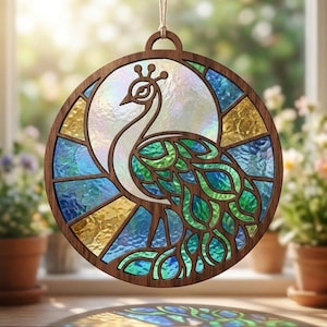 May include: A circular hanging ornament featuring a wooden frame enclosing a stained glass peacock design. The peacock is rendered in iridescent white, green, and blue glass segments, set against a background of yellow and blue glass panels.