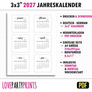 Op de afbeelding: Een witte printbare kalender voor 2027 met zes maanden weergegeven. Elke maand staat in een klein vierkant, met de naam van de maand bovenaan. De kalender is 7.6 x 7.6 cm. De tekst "LOVEPARTYPRINTS" staat onderaan.