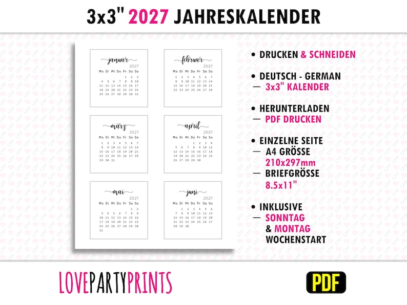Op de afbeelding: Een witte printbare kalender voor 2027 met zes maanden weergegeven. Elke maand staat in een klein vierkant, met de naam van de maand bovenaan. De kalender is 7.6 x 7.6 cm. De tekst "LOVEPARTYPRINTS" staat onderaan.
