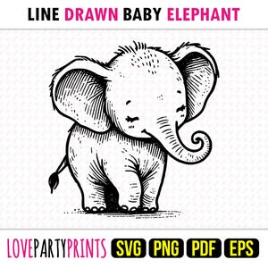 Può includere: Disegno a linea di un elefante bambino con la proboscide arrotolata. L'elefante è disegnato in uno stile semplice e minimalista.