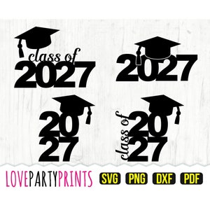 May include: Four black and white graduation designs featuring the year 2027 and a graduation cap. The text "class of" is included in two of the designs.