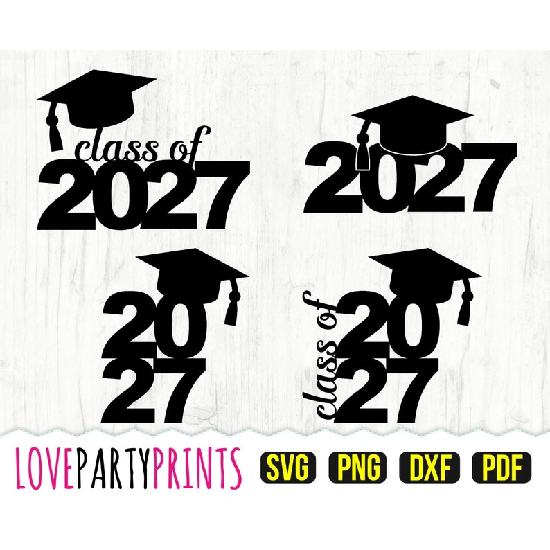 May include: Four black and white graduation designs featuring the year 2027 and a graduation cap. The text "class of" is included in two of the designs.