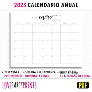 Calendario 2025 Imprimible Anual Español PDF Imprimir A4 y Tamaño Carta Lunes y Domingo Semana Inicio Minimalista Descarga Digital 1613