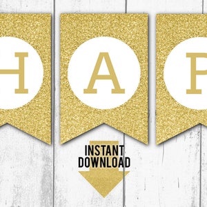 Gold GLITTER Happy BIRTHDAY Printable BANNER - Birthday Garland, Birthday Bunting, Pendant Bunting, Instant Download, Ready to Print (bb4)