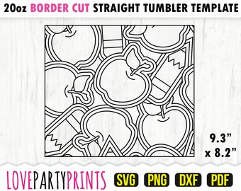May include: Black and white line art design of apples and pencils for a 20 ounce straight tumbler template. The design measures 9.3 inches by 8.2 inches.  SVG, PNG, DXF, and PDF files are included.