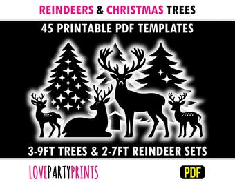 Op de afbeelding: Zwart-wit silhouetontwerp van rendieren en kerstboom. 45 printbare PDF-sjablonen. Bomen van 3-9 voet en rendiersets van 2-7 voet. LovePartyPrints.