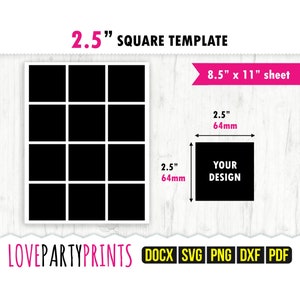 2,5-Zoll-quadratische Vorlage SVG, PDF, Png, Dxf, leere quadratische Vorlage, Ms Word Docx, quadratische Etiketten, US Letter 8,5 "x11", druckbares Pdf, CA130