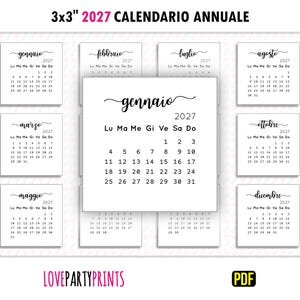 3x3 Mini Calendario 2027 Anual Italiano PDF Stampa en formato A4 y Tamaño Carta e domenica Inizio settimana Descargar digitale minimalista