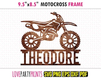 Motocrosscykelnamnskylt SVG | Personlig Dirt Bike-väggkonst | Laserskurna och maskinskärande filer | Bikerpresentdekor Dxf Png Eps Pdf