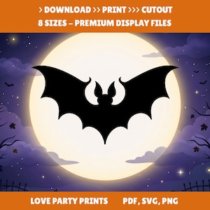 May include: A digital graphic featuring a black bat silhouette centered against a large, bright yellow full moon. The background shows a dark purple night sky with clouds, stars, and silhouettes of trees. Text reads: DOWNLOAD PRINT CUTOUT 8 SIZES PREMIUM DISPLAY FILES LOVE PARTY PRINTS PDF SVG PNG.