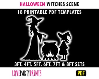 Pode incluir: Modelos de cena de bruxas de Halloween imprimíveis em PDF. A imagem mostra duas silhuetas pretas de bruxas, uma alta e outra baixa, de pé em frente a um caldeirão com chamas. O texto "3FT. 4FT. 5FT. 6FT. 7FT & 8FT SETS" está na parte inferior da imagem.
