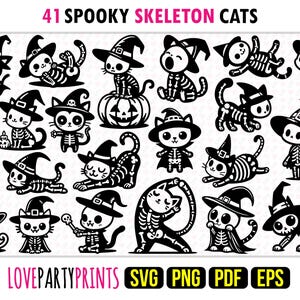 Ensemble de squelette de chat SVG, EPS, PNG, Pdf, chats d'Halloween mignons, chats sorcières drôles, chaton gothique, clipart squelettes effrayants, téléchargement immédiat, 1654