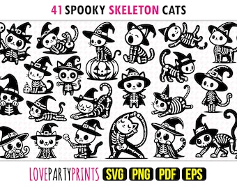 Paquete de imágenes SVG de esqueletos de gatos, EPS, PNG, PDF, gatos lindos de Halloween, gatos brujos divertidos, gatitos góticos, imágenes prediseñadas de esqueletos espeluznantes, descarga instantánea, 1654