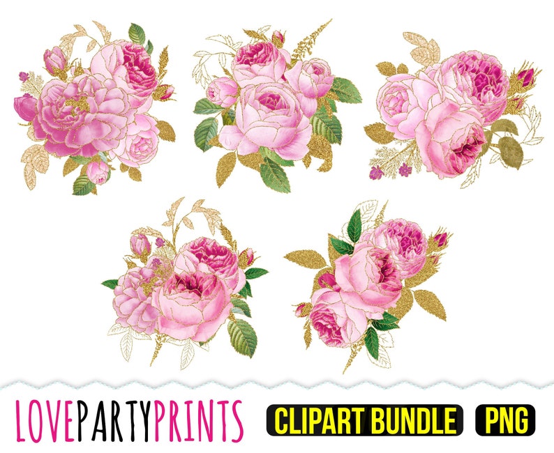 Pink Rose Bouquet Clipart, PNG Format, Vintage Gold Glitter Trim Roses ...