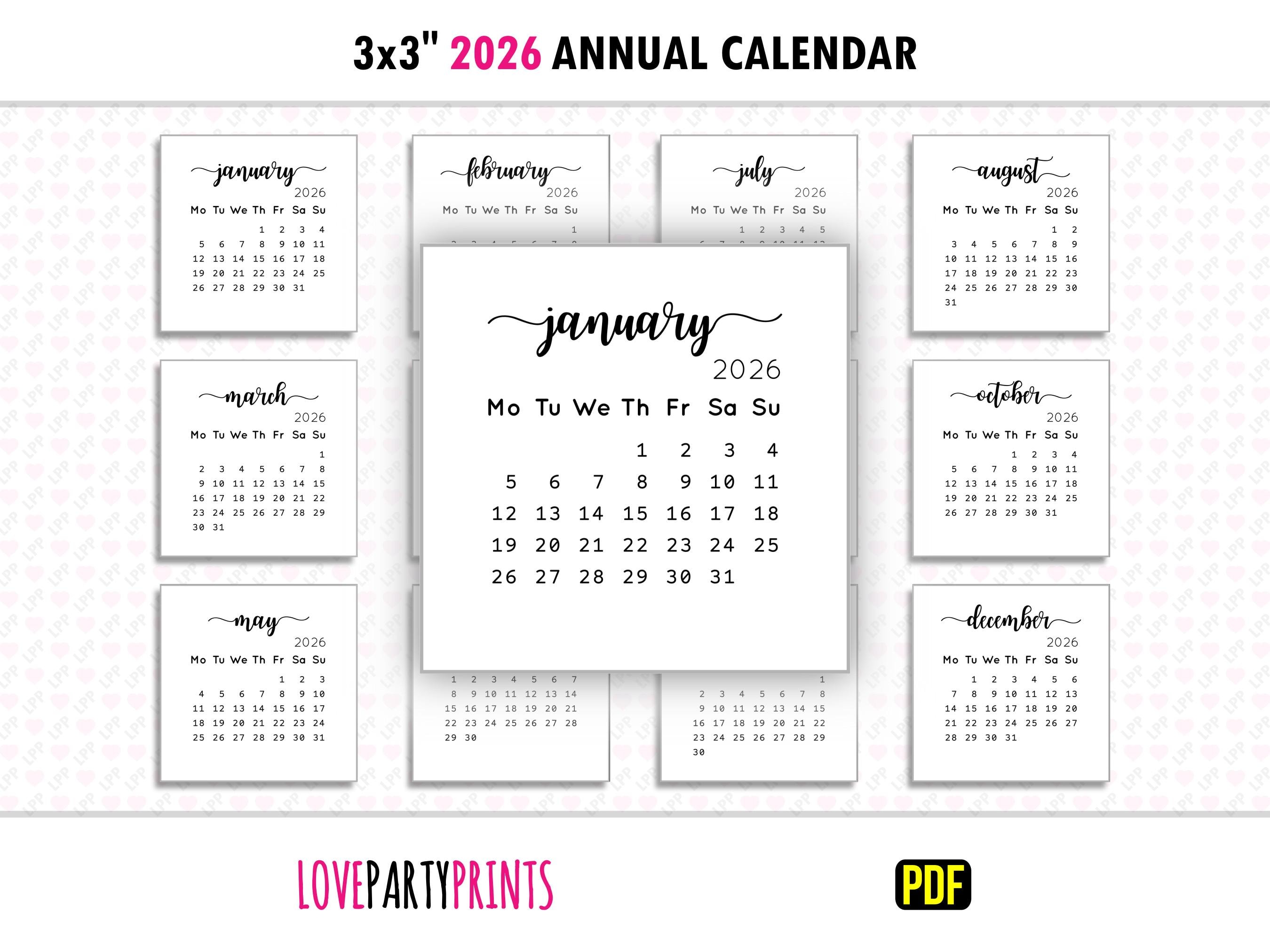 3x3 2026 Mini Calendar Annual Yearly PDF Printable A4 & Letter