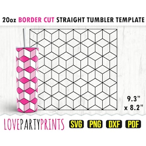 May include: A 20 ounce straight tumbler template with a geometric pattern of black squares and white lines. The template is 9.3 inches by 8.2 inches. The text "LOVEPARTYPRINTS" is at the bottom of the image.