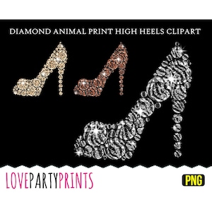 May include: Three pairs of high heel shoes made of sparkling diamonds. The shoes are in gold, brown, and silver with animal print designs. The image has the text "LOVEPARTYPRINTS" and "PNG" at the bottom.