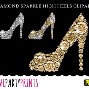 May include: Three pairs of high heel shoes made of sparkling diamonds. The shoes are silver, gold, and gold. The shoes are on a black background.  LOVEPARTYPRINTS PNG