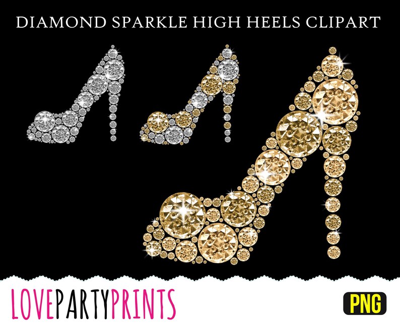 May include: Three pairs of high heel shoes made of sparkling diamonds. The shoes are silver, gold, and gold. The shoes are on a black background.  LOVEPARTYPRINTS PNG