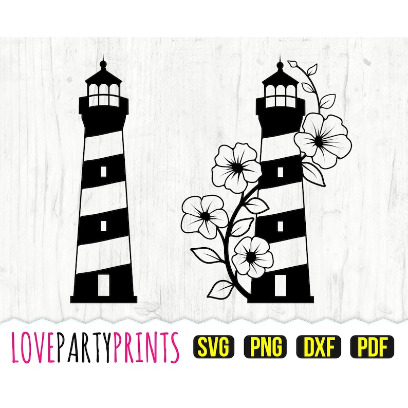 May include: Black and white silhouette of a lighthouse with a flower vine on one side. The lighthouse has a striped design and a small window at the top. The flowers are simple and stylized.