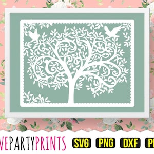 Plantilla de árbol de la vida cortada en papel en formato PDF y clip art PNG con archivos de corte Svg y DXF, cortados a mano o con máquina de corte (PC15)