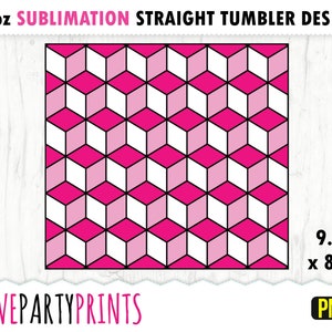 May include: A sublimation design for a 20oz straight tumbler featuring a pink and white geometric pattern of overlapping cubes. The design measures 9.3 inches by 8.2 inches.